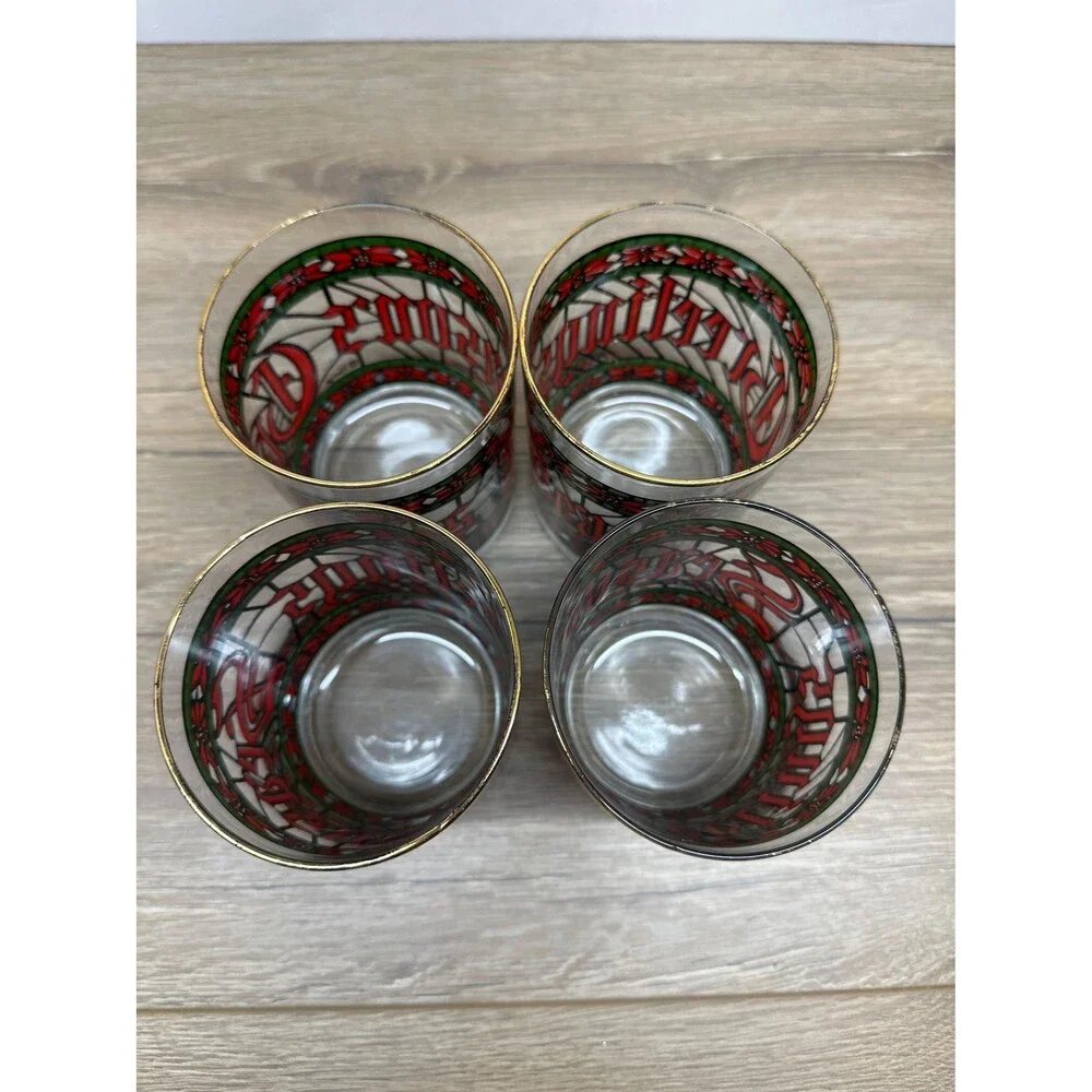 VTG 1970s Houze Seasons Greetings Lowball Glass Stained Glass Pattern Set of 4